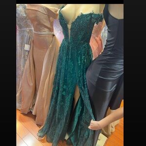 Coya Collection Emerald Sparkly Off The Shoulder V Cut Corset Gown